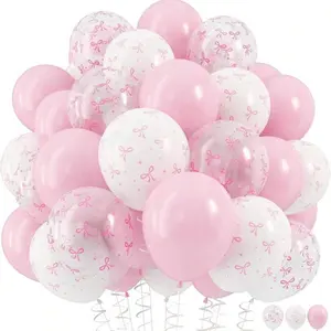 Pink Bow Print Balloons, Cute Coquette Style Pink & White Balloon Set, Bow Pattern Party Balloons for Girls Birthday, 1st Birthday, Gender Reveal, Baby Shower & Coquette Themed Party Decor, Pastel Party Decorations