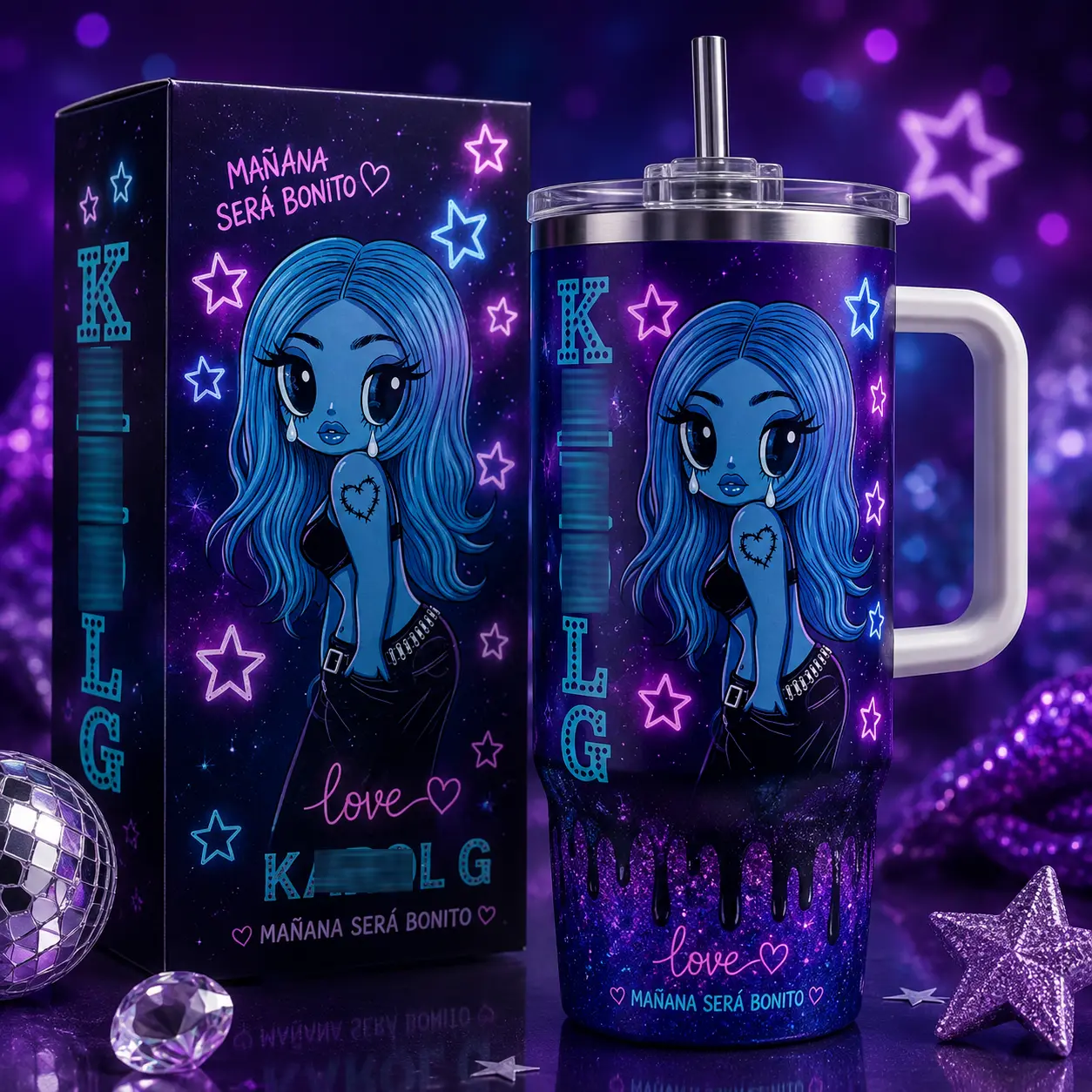 Vintage No Me Arrepiento de Sentir Tanto Tumbler Cup, Blue Cartoon Singer Inspired Tumbler, 40oz Insulated Stainless Steel Travel Mug with Straw, Glitter Fan Gift, Concert Drinkware, Birthday Gift