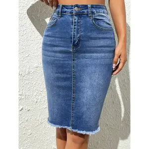 Women's high waisted slim fit denim pencil skirt, elastic slim fit denim skirt with worn hem, spring and summer casual daily and outdoor skirtRAIMENTRY