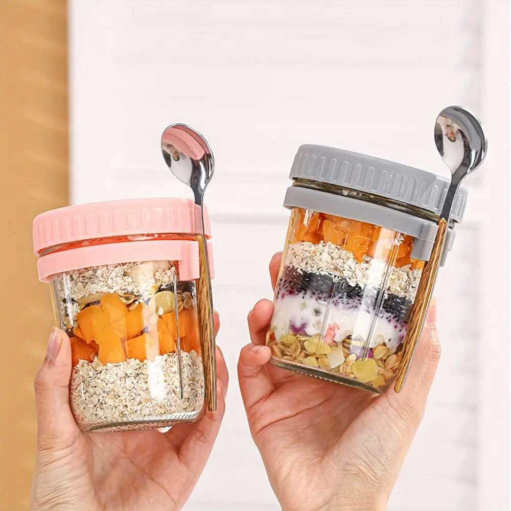 Portable Glass Salad Containers Set with Spoons, Measuring Yogurt Cups, Breakfast Bowls, Home Kitchen Drinkware, Meal Prep Containers, Pack of 2-4, Organized Food Storage Set