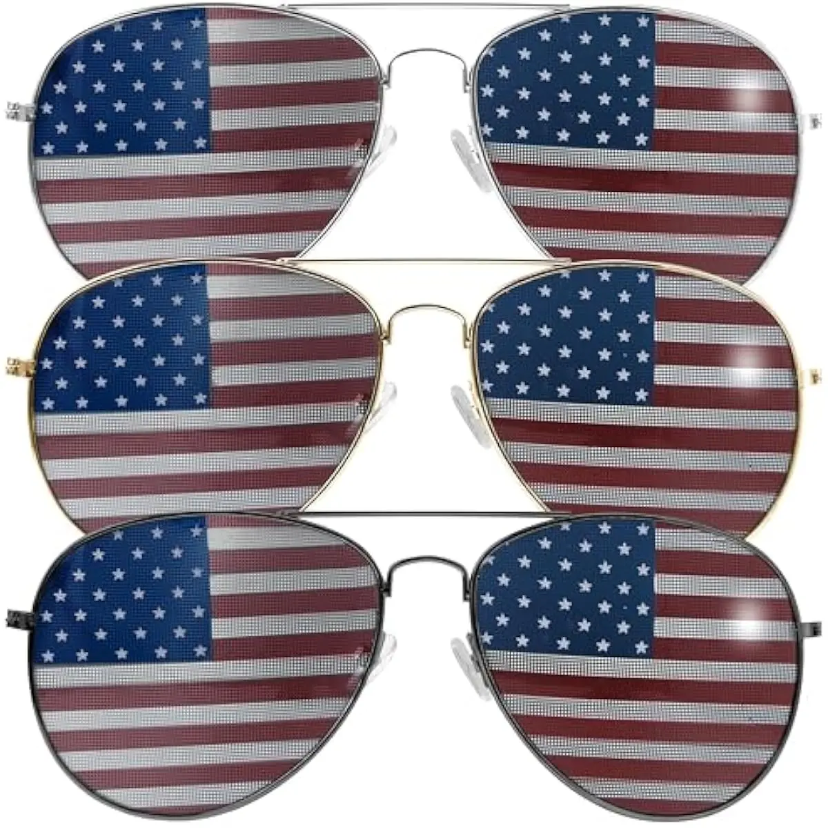 3 Pcs July 4th American Flag Sunglasses, Fourth of July Patriotic Sunglasses with Gold Silver and Black Frame, Red White Blue American Glasses for 4th of July Accessories, Party Favor