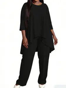 Plus Size Solid Round Neck Set, 2 Counts/set  Casual Cozy Loose Basic Minimalist Long Sleeve High Low Tee & Pants for Everyday Wear, Women's Outfits for Spring & Fall, Womenswear