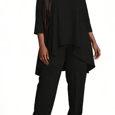 Plus Size Solid Round Neck Set, 2 Counts/set Two Pieces Sets Plain Pants Set Casual Lightweight Cozy Loose Basic Minimalist Long Sleeve High Low Tee & Pants for Everyday Wear, Women's Outfits for Spring & Fall, Womenswear, Clothes
