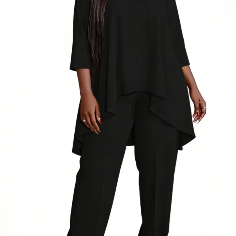 Plus Size Solid Round Neck Set, 2 Counts/set Two Pieces Sets Plain Pants Set Casual Lightweight Cozy Loose Basic Minimalist Long Sleeve High Low Tee & Pants for Everyday Wear, Women's Outfits for Spring & Fall, Womenswear, Clothes