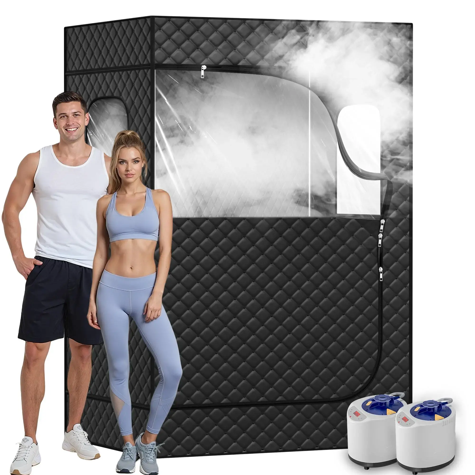 TEHANLD 2 Person Portable Steam Sauna for Home, 1 or 2 Person Full Body Sauna Tent with 2 Foldable Chairs,9 Levels of Sauna Box with Remote Control, Black