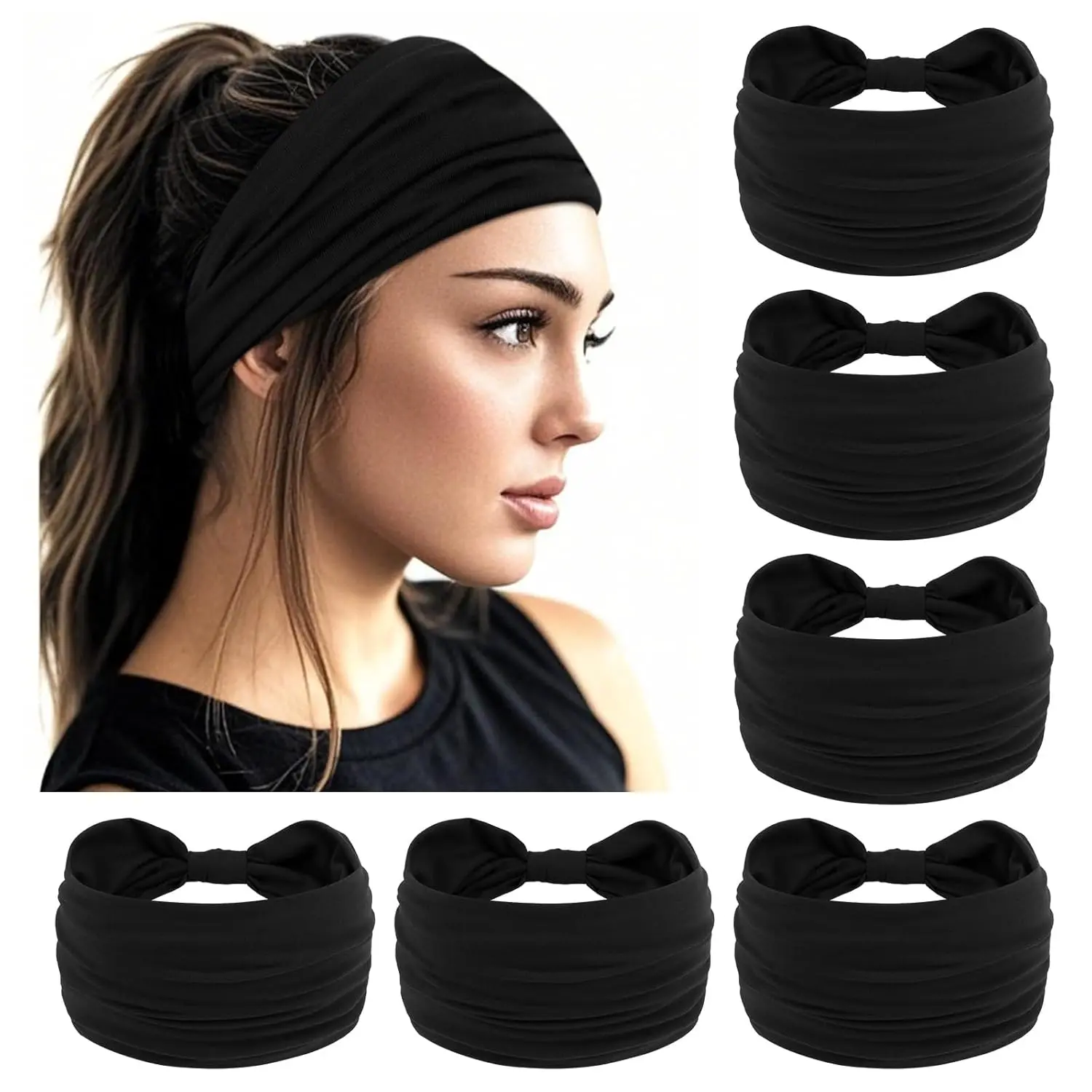Black Headbands for Women Elastic Headbands Stretch Knotted Headband Non-slip  Bands Women's Hair Band Yoga Workout  Wraps Hair Accessories for Women Girls 6 Pack