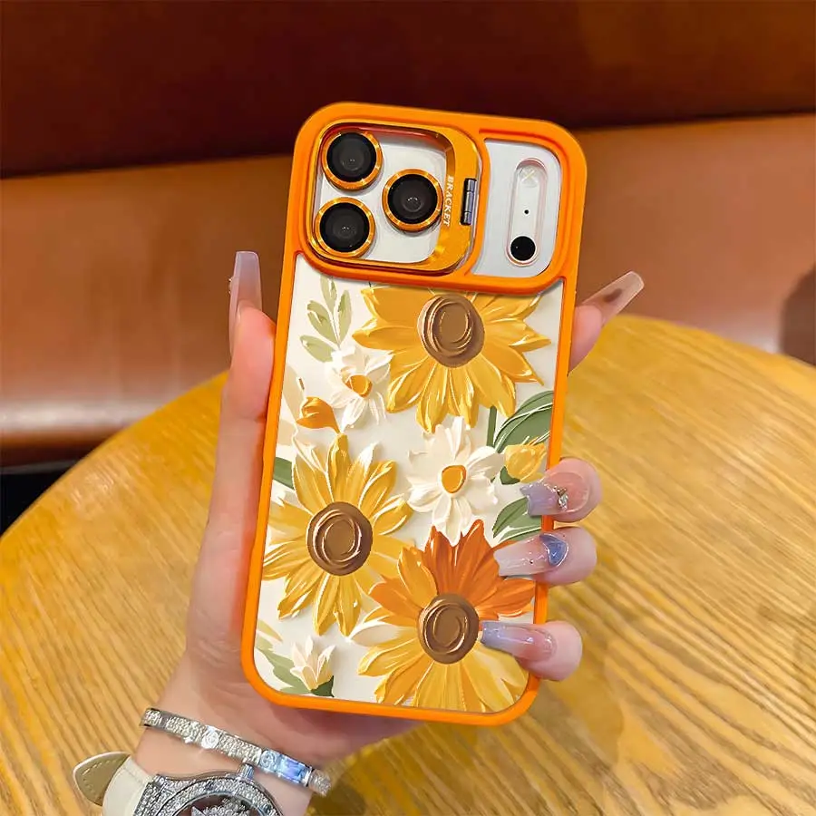 Oil Painting Sunflower Phone Case for iPhone 17 Pro Max,16,16 Plus,15,14,13,12 - Orange Lens, Kickstand, Soft Edge Anti-Collision, Built-In Magnetic Wireless Charging - Ideal Birthday, Holiday Gift