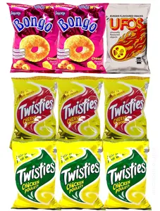 Variety FIJI Snacks - Cheese Bongo, UFO'S, Cheese Twisties, Chicken Twisties (Pack of 9 x 100g Ea) Favorite Snack Of The Pacific Islanders - Imported From FIJI - Variety Pack Snacks
