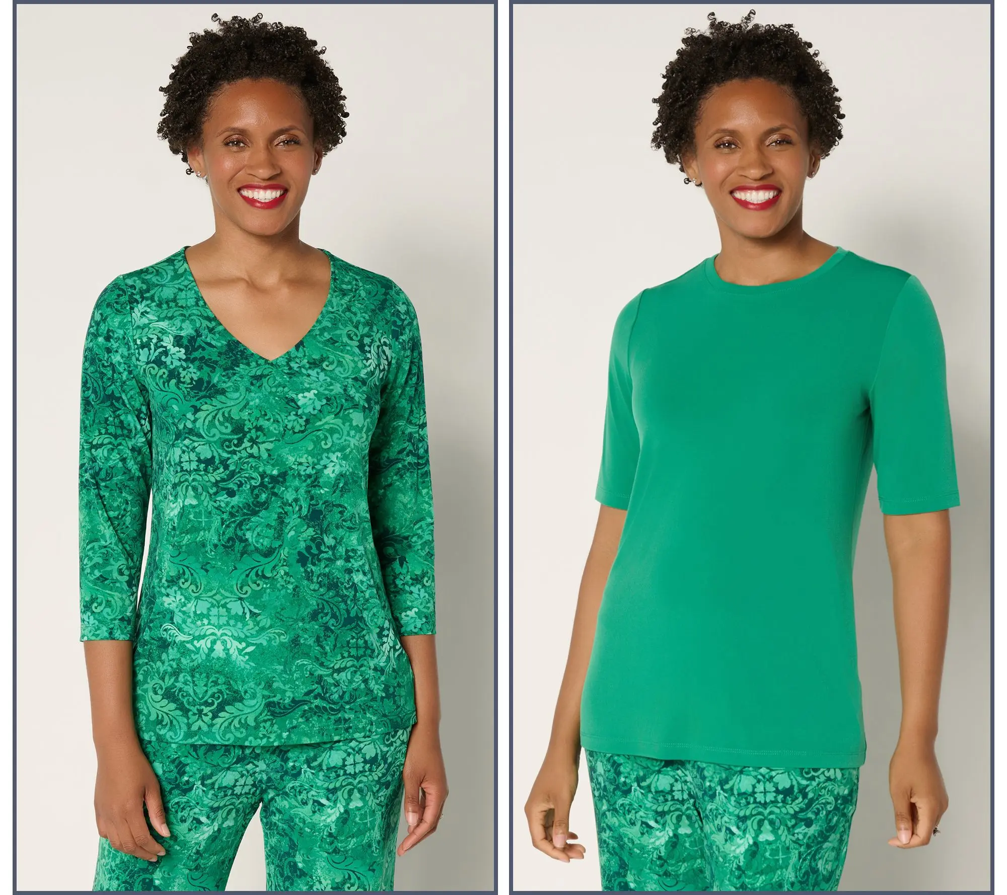 Susan Graver Set of 2 Liquid Knit Print & Solid Tops