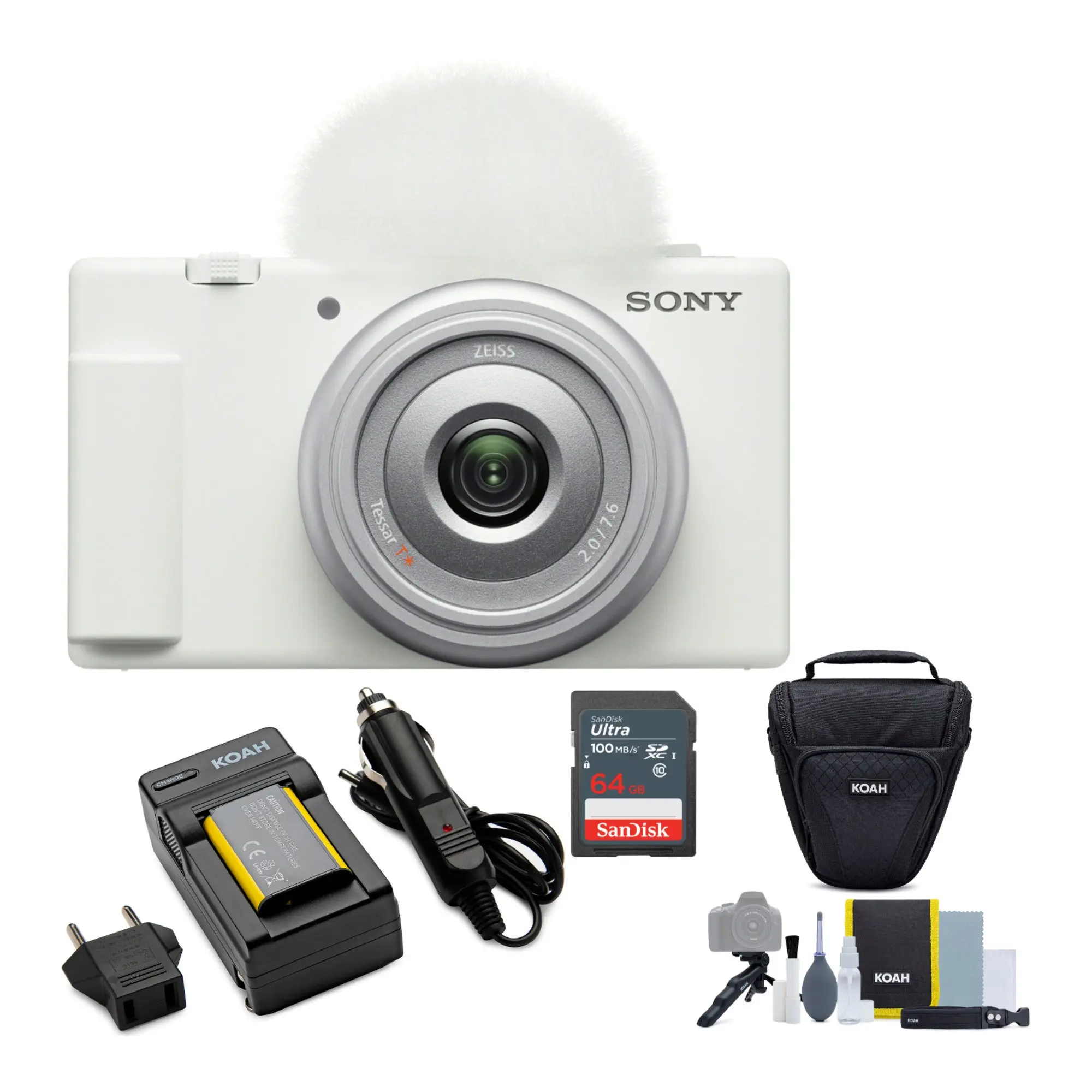Sony ZV-1F Compact Digital Vlog Camera (White) Bundle with Lithium-Ion Rechargeable Battery, Selfie Lens, Full HD Capability, Bokeh Switch, SD Card Compatibility, Holster Case, Carrying Pouch, Straps for Content Creators