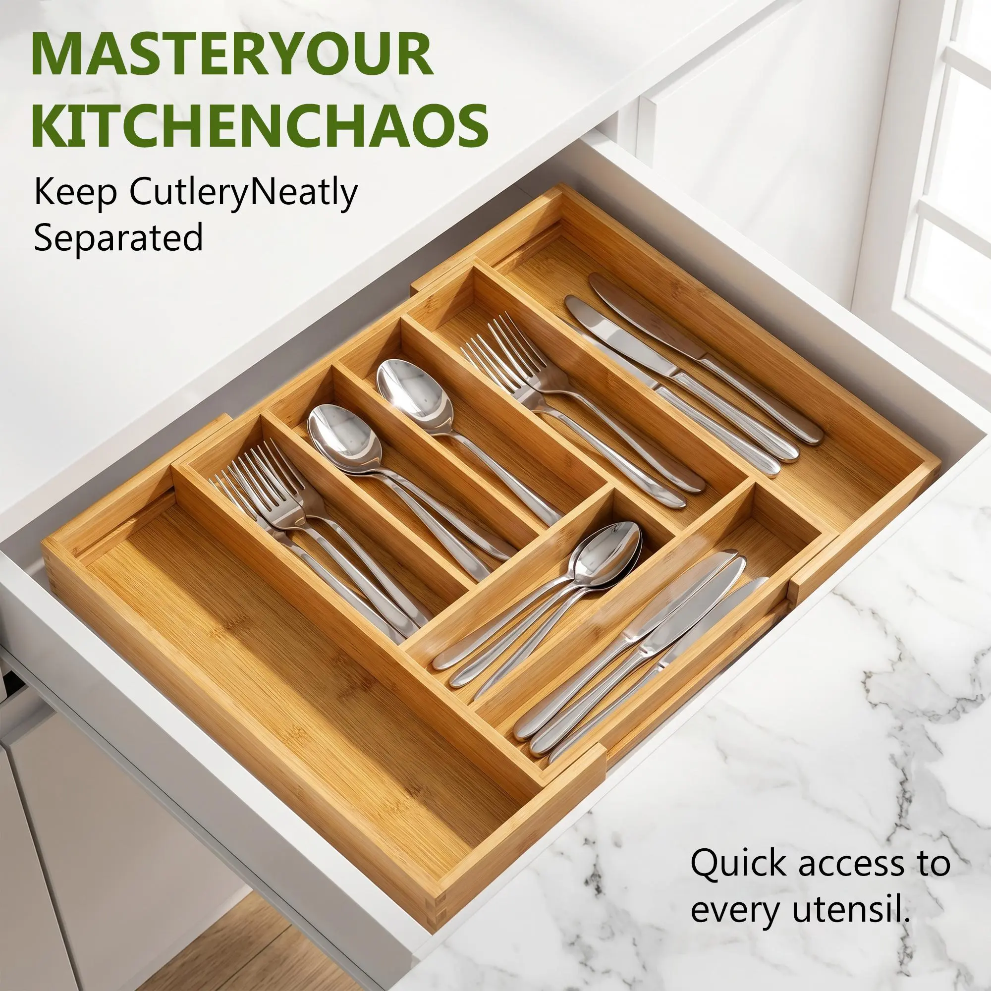 Smooth Bamboo Expandable Drawer Organizer - Adjustable Vanity & Kitchen Cutlery Tray for Utensils, Silverware, Office Supplies