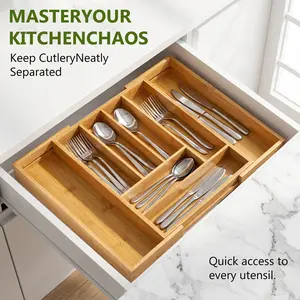 Expandable Bamboo Drawer Organizer, Adjustable Cutlery Tray for Kitchen Utensils, Silverware & Office Supplies