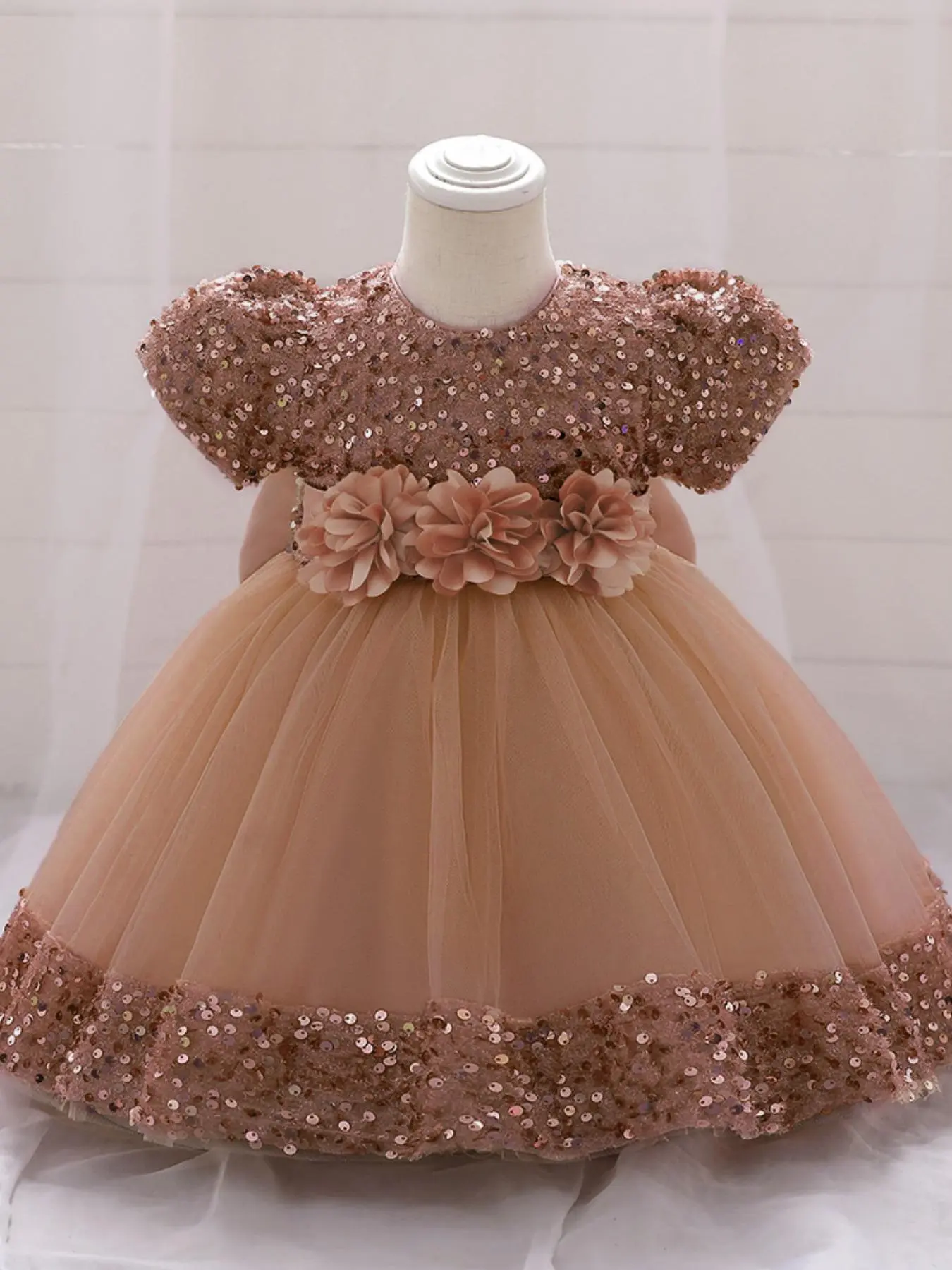 0 to 10 Years Tulle Sequins Dress Big Bow Kids Clothes 3D Flower Girls Ball Gown Pageant Stage Performance Frock Children Elegant Princess Prom Host Birthday Formal Evening Party Banquet Dresses for All Season Lovely Bow Dress
