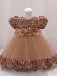 Toddler Girl's Glitter Sequins Flower Decor Formal Dress, Elegant Round Neck Tulle Dress for Party Wedding Guest, Floral Dress, Kids Clothes for All Seasons