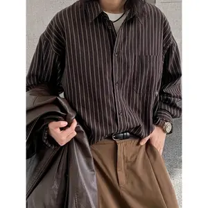 [Vintage Striped Shirt] Vintage Striped Men's Long Sleeve Shirt | Casual Loose Fit, Brown & White Vertical Stripes, Chest Pockets, Perfect for Spring/Fall