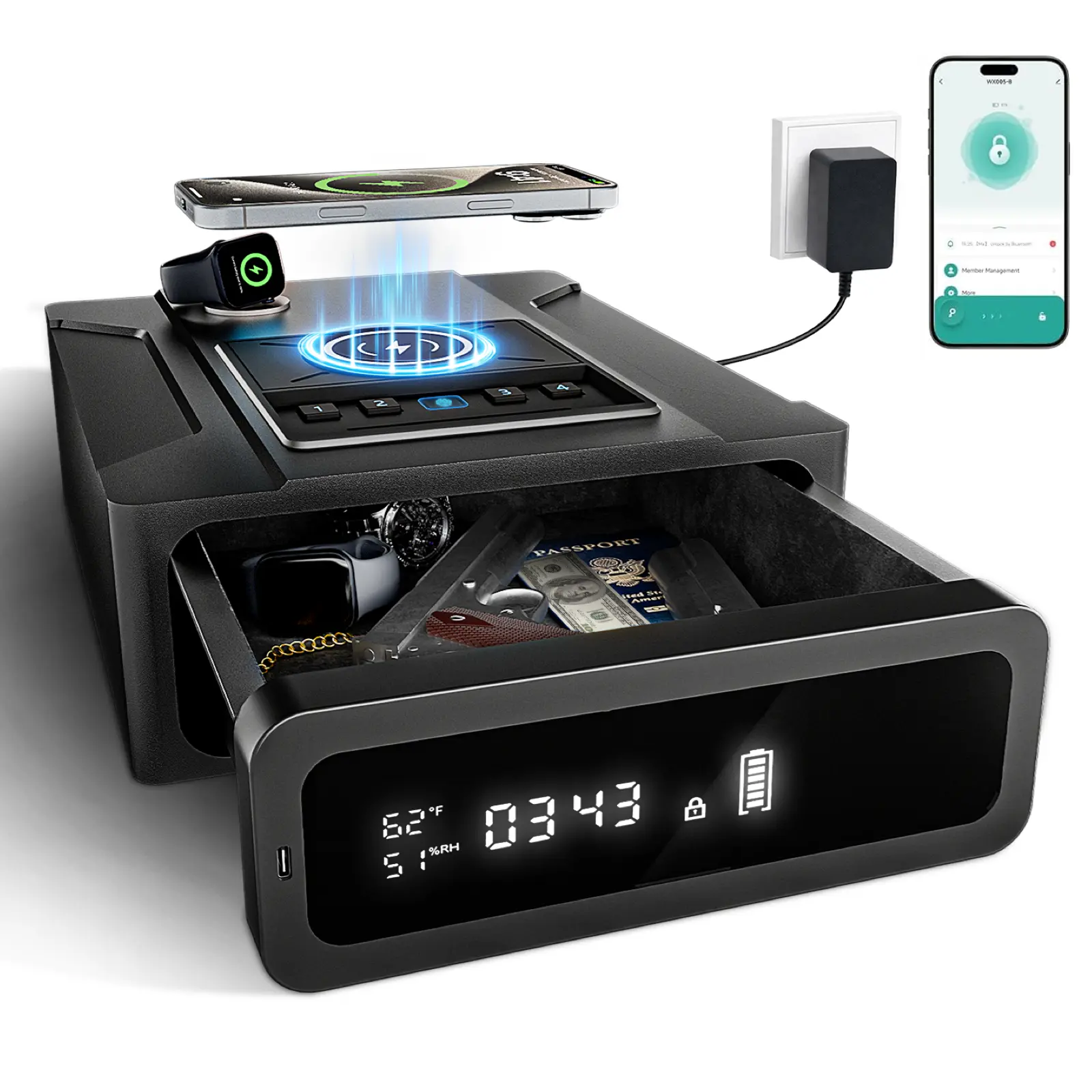 XDEER Rapid-Response Bedside Handgun Safe, Wireless Charging Biometric Fingerprint & Backlit Keypad, Built-in LED Light & Digital Clock Quick Access Gun
