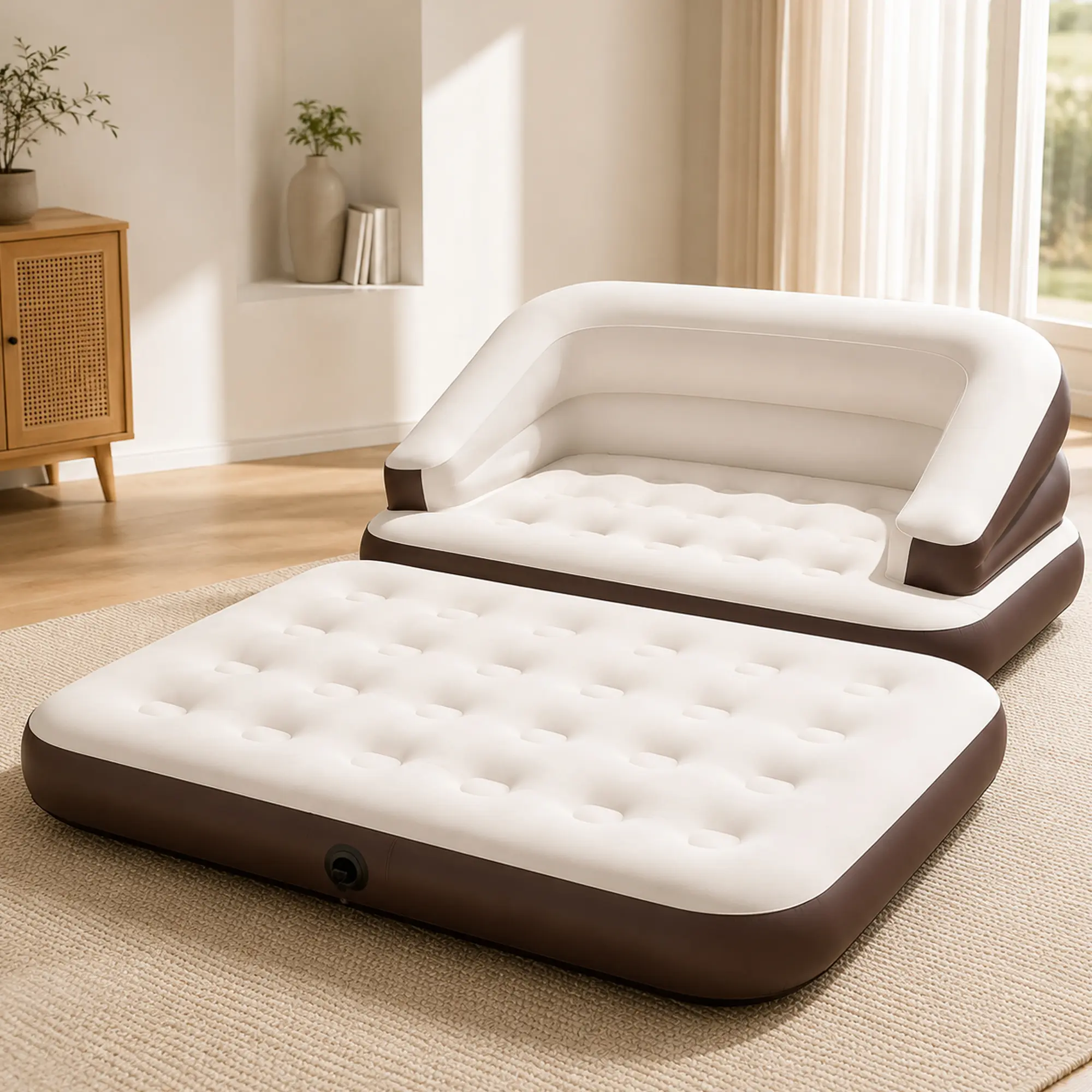 5-in-1 Queen Size Inflatable Sofa Bed with Air Pump, Convertible Air Mattress with Adjustable Backrest, Portable Foldable Air Couch for Camping, Home, Guest Room and Indoor Outdoor Use