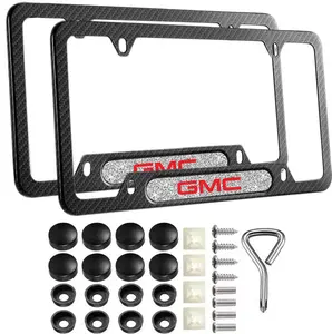 Premium Carbon Fiber License Plate Frame 2 Pack Compatible With GMC (Custom Your Badge) Durable Rustproof Aluminum Alloy Mount Unisex With Screws & Diamond Logo