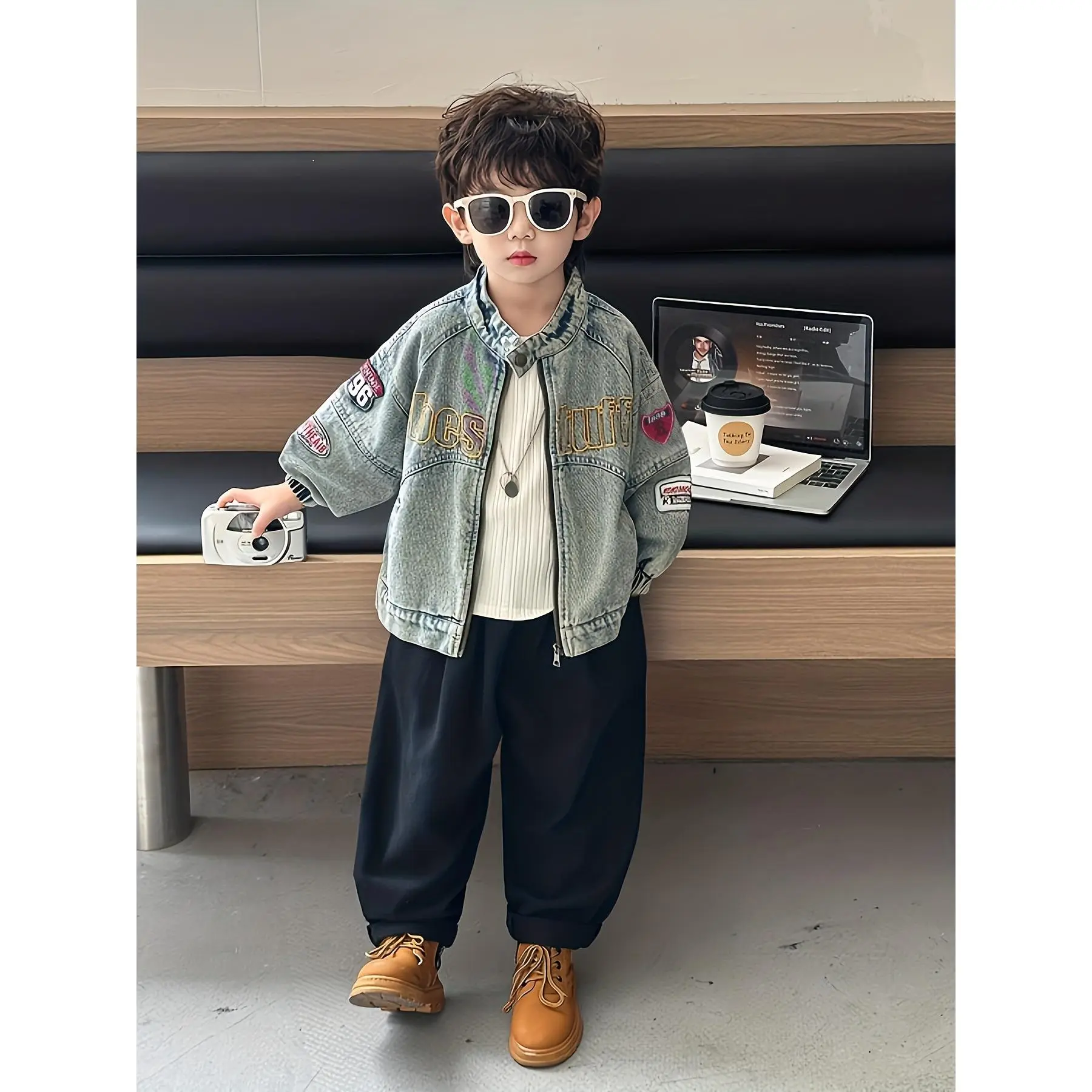 Boys' Toddlers' Korean-Style American Vintage Long Sleeve Denim Blend Jacket - Autumn, Cool Cute, Versatile Fashionable, Embroidery Alphabet Letters, Loose Cut, Long Sleeve Shirt