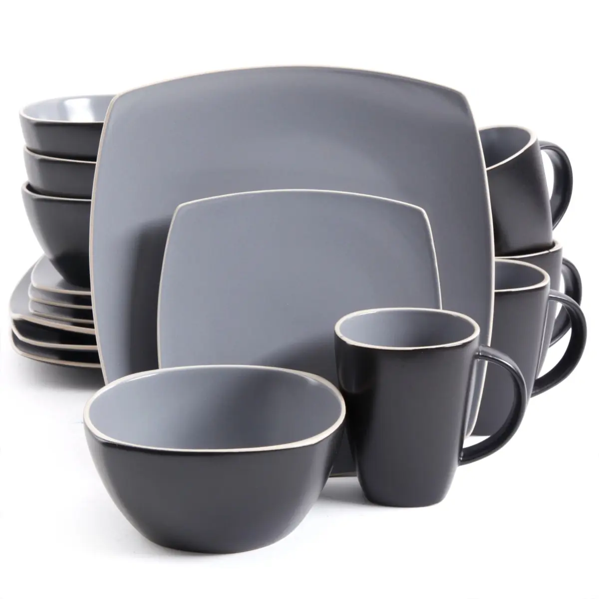 Gibson Home 16-Piece Stoneware Casual Cutlery & Dinnerware Set - Soho Lounge Round Matte Gray-Black 14.5oz Reactive Glaze Dishwasher-Safe Tableware Set 102266.16RM
