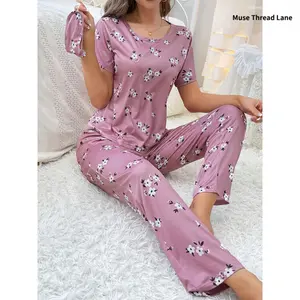 2026 Women's Pajamas Home Wear Round Neck Short Sleeve Long Pants Floral Print Milk Silk Set Lightweight