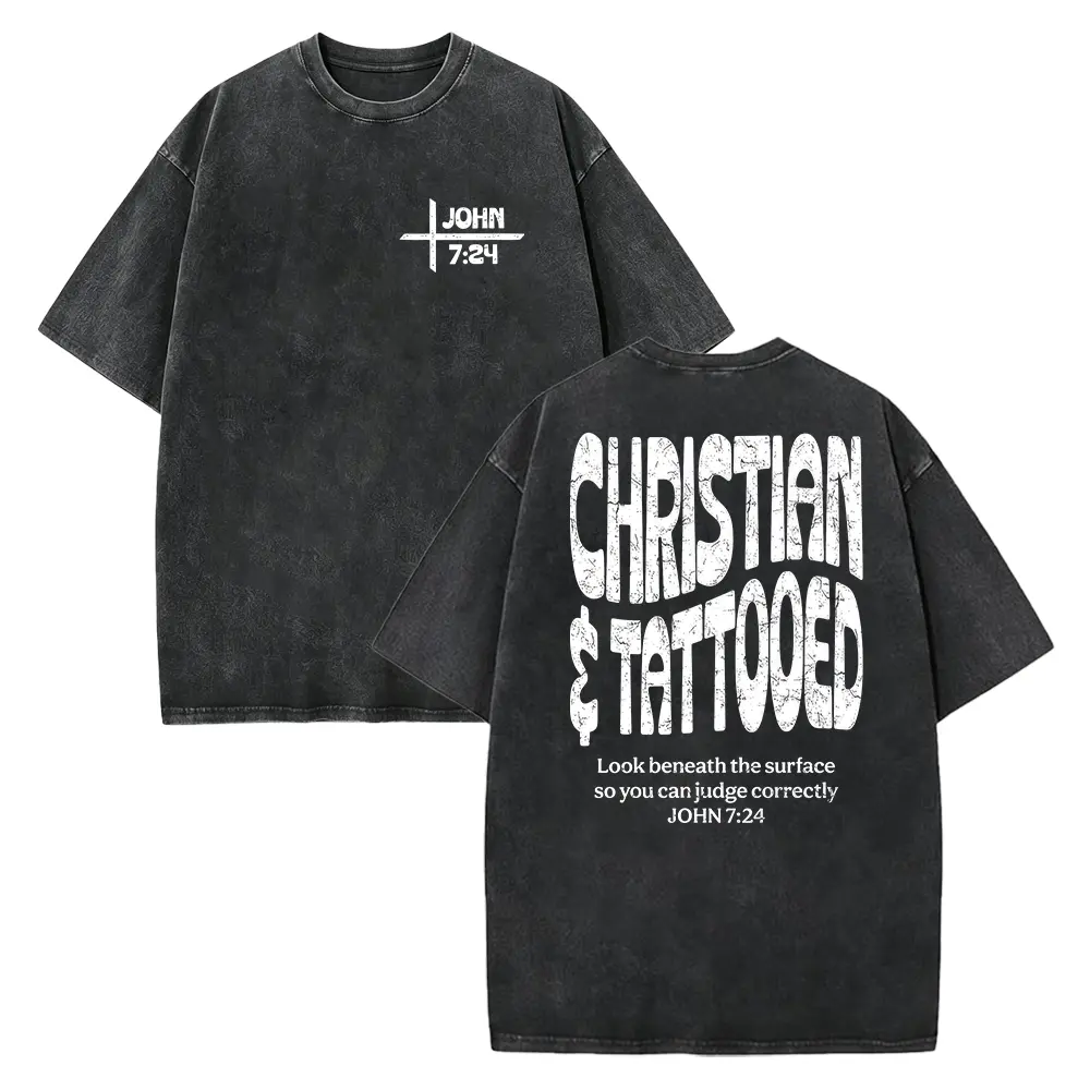 Women's Christian Tattooed John 7 Graphic Print Top, Vintage Washed, Front-Back Print, Religious Faith, Casual Unisex Short-Sleeve T-Shirt