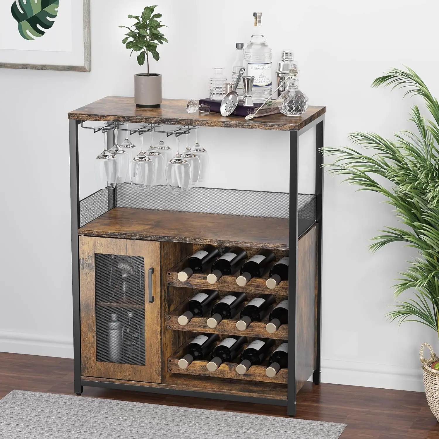 Brown Compact Bar Cabinet - Multi-Functional Detachable Rack, Coffee Bar with Glass Holder, Small Sideboard with Mesh Door, Compact Bar Cabinets