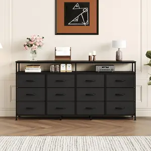 Garvee 63-Inch Fabric Dresser TV Stand with 12 Drawers and Open Shelves, Black Long Chest of Drawers for Bedroom and Living Room Storage