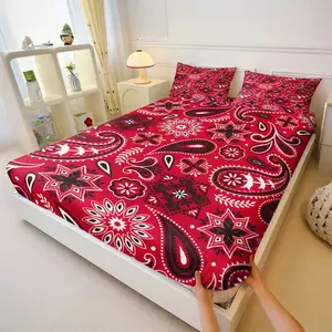 3Pcs Red Paisley Printed Fitted Sheet Set, Paisley Bed Sheets, Soft Breathable Sheet, Black White Decorative Pattern, Star Cross Leaf Scroll Motifs, Symmetrical Repeating Design, Includes 2 Pillowcases, No Pillow Core