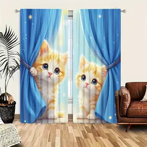 2pcs Creative Cat Pattern Half-Blackout Curtains, Cute Cartoon Art Style, Home Decoration Curtain, Suitable for Kitchen, Living Room, Bedroom, Bathroom, Game Room, Window Curtain