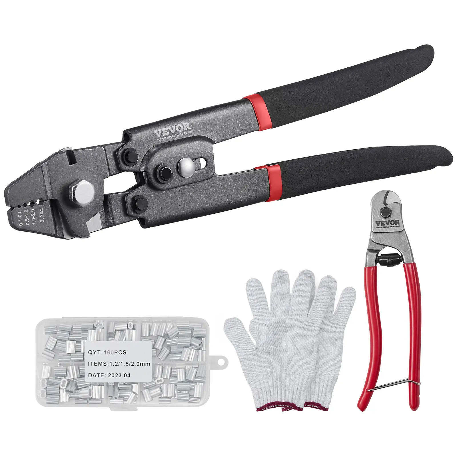 【Summerfinds】VEVOR Wire Rope Crimping Tool and Cutter Up To 2.2mm Wire Cable Crimps 1/64" - 3/32" Crimping Loop Sleeve Kit and 160pcs Aluminum BucklesFishing Crimping Tool Wire Rope Thimbles Kit
