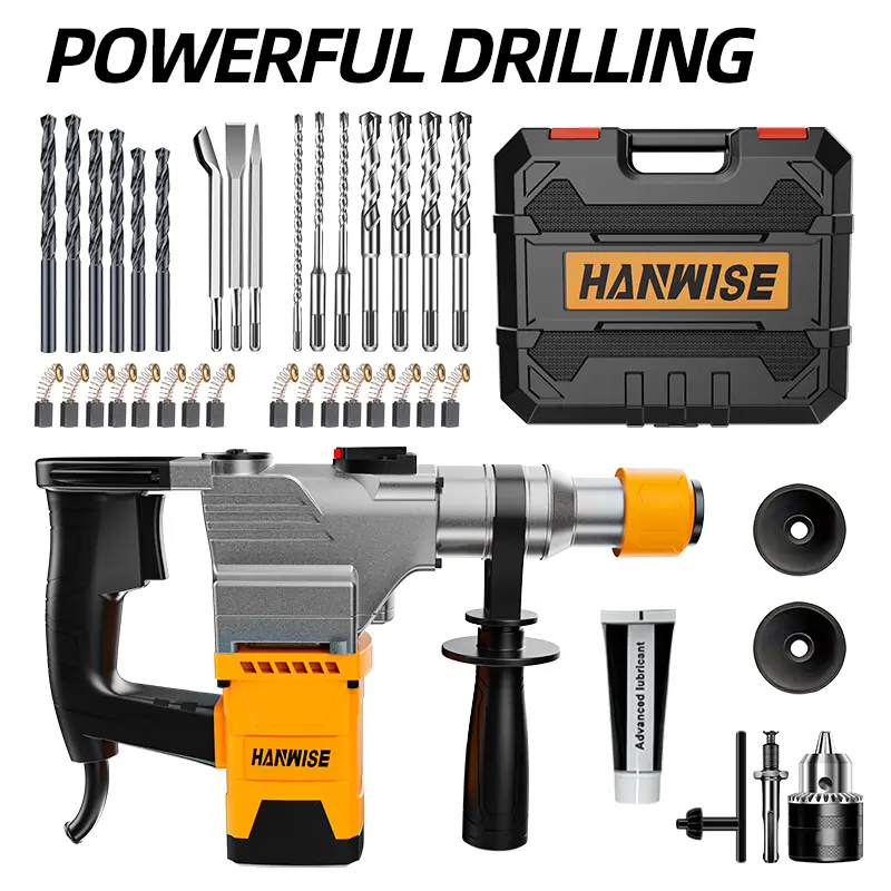Rotary hammer drill, 3 types of functional wired rotary hammers, suitable for concrete - including drill chuck, drill bit, flat chisel, pointed chisel, and carrying case, used for heavy-duty dismantling and refurbishment tools