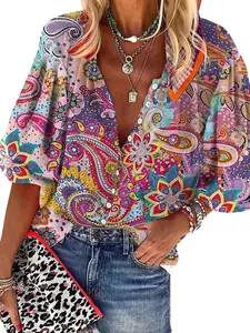 [Plus Size] All Over Paisley Floral Print Button Front Fitted Blouse, Going Out Tops, Boho Bishop Sleeve Notched Neck Graphic Top for Spring & Fall, Women's Plus Clothes for Daily Wear, Casual Clothing, Casual Fashion Wear