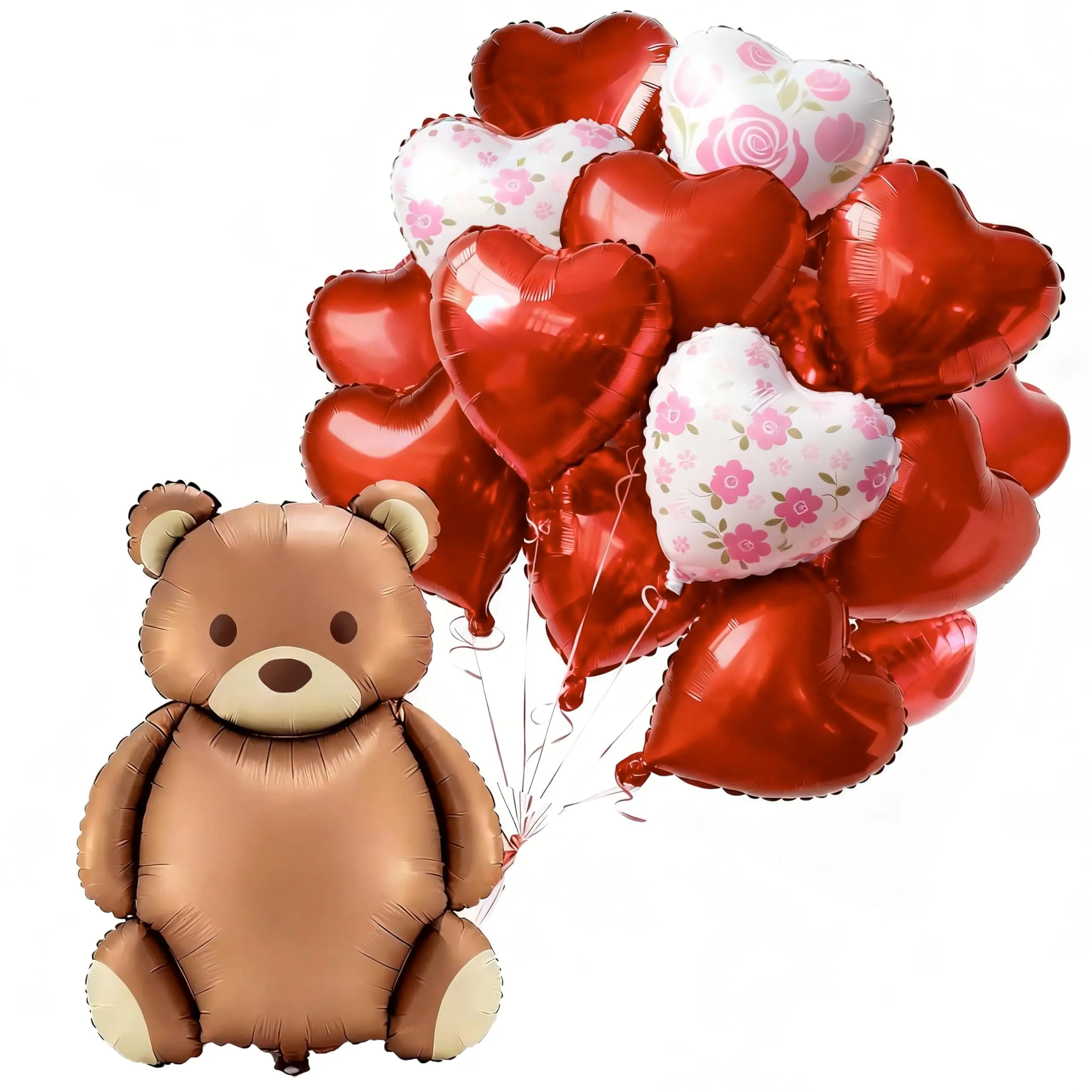 PartyWoo Valentine's Festive Balloons Set, 15pcs Foil Balloons (24in & 18in Bear, Red Heart) for Romantic Valentine's Day, Wedding Anniversary Party Decorations, Balloon Balloons