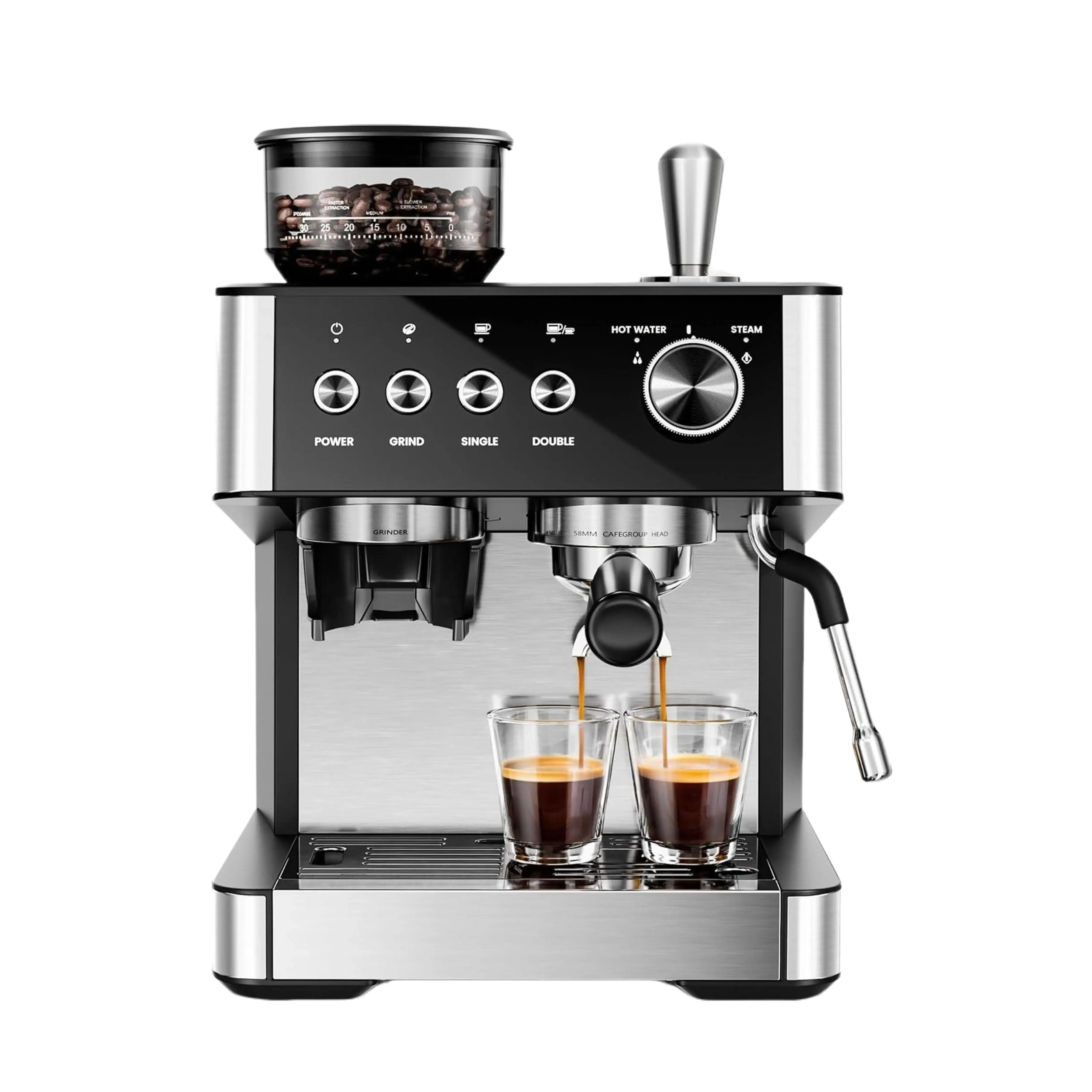 Kismile 20-Bar Pump Automatic Espresso Machine with Built-In Grinder, 1500W Motor, Timer, Removable Water Tank, Milk Frother Steam Wand, 12+Cup Large Cap, US Plug, Ideal Kitchen At Home Espresso Equipment