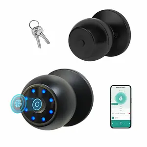 D03T Smart Fingerprint Door Knob, Tuya APP Keyless Entry Spherical Lock with Emergency Key, Easy No-Drill Installation for Bedroom & Office