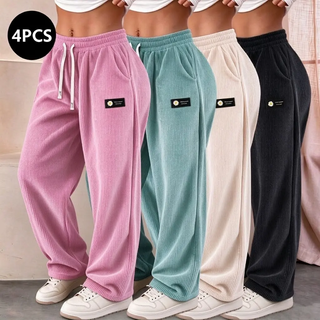 4-pack women’s retro corduroy straight-leg casual pants, all-season street-style long pants suitable for sports/outdoor activities and relaxed home wear, with an adjustable drawstring waistband