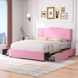 VECELO Modern Upholstered  Bed Frame with 4 Storage Drawers and Adjustable Headboard, Fabric Upholstered, Rivet Tufted, Noiseless, Easy to Assemble, Pink,Beige