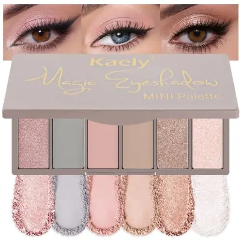 Kaely 6 Colors Mini Neutral Eye Shadow Palette Makeup, Champagne Smoky Gray Nude Pink Nude Brown Pear White Shimmer Matte Eyeshadow Palette for Older Women Pigmented Waterproof, Cruelty-free, 12