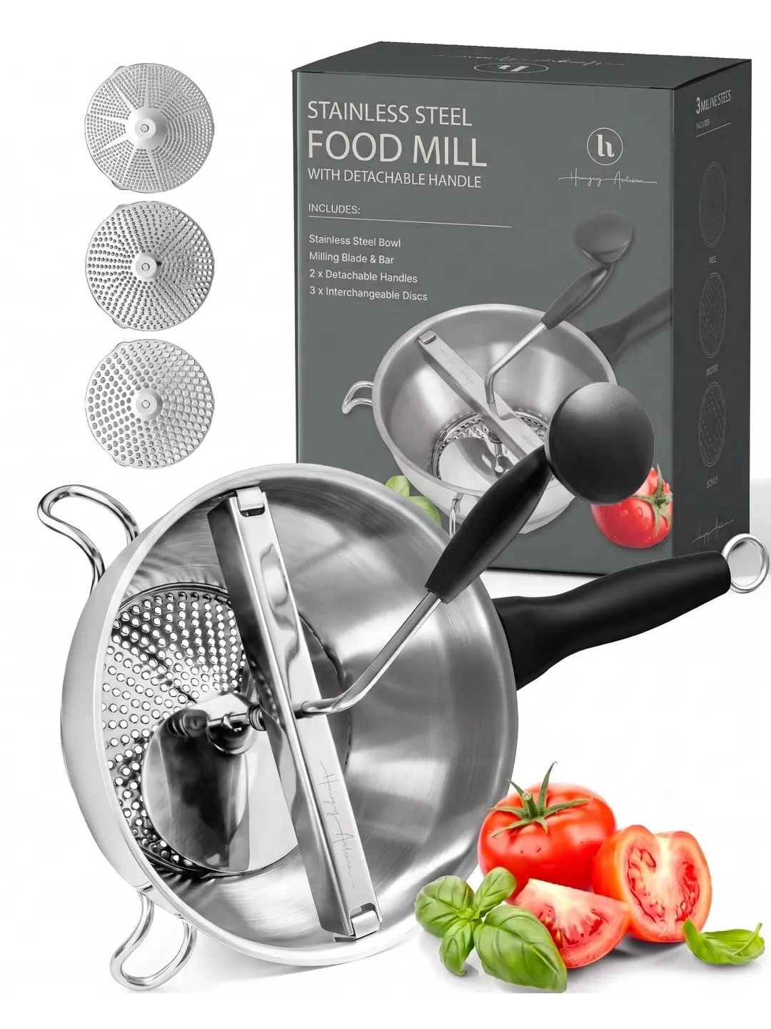 Hungry Artisan Sturdy Rust-resist Steel Food-Grade Hand Crank Mill - Compact, Detachable Handle, 3 Interchangeable Discs, High-Heat Safe, Easy to Use & Clean, Smooth Crank Turn, 3-Disc Versatility, Rock-Solid Stability, Ideal for Busy Parents