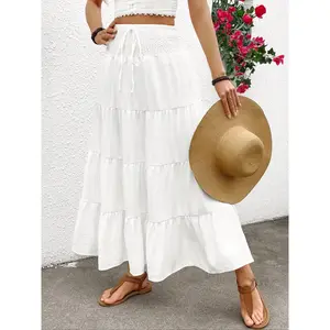 Women's Plain Boho Style High Waist A-Line Skirt, Woven Elasticity Loose-Fitting Long Dress with Adjustable Drawstring Design, Casual Fashion for All Seasons