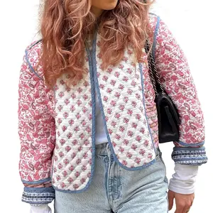 Women's Cropped Puffer Jacket Lightweight Floral Printed Open Front Quilted Coat Winter Warm Outwear