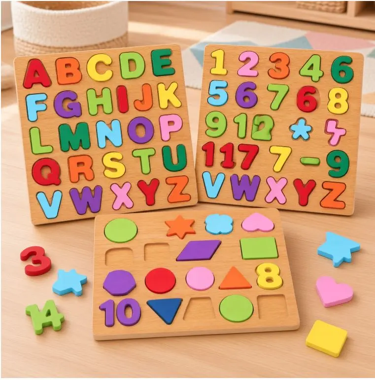 3-Pack Wooden Alphabet Puzzles for Toddlers Ages 3-5, ABC Letter, Number & Shape Learning Puzzles, Preschool Educational Montessori Toys for Boys & Girls