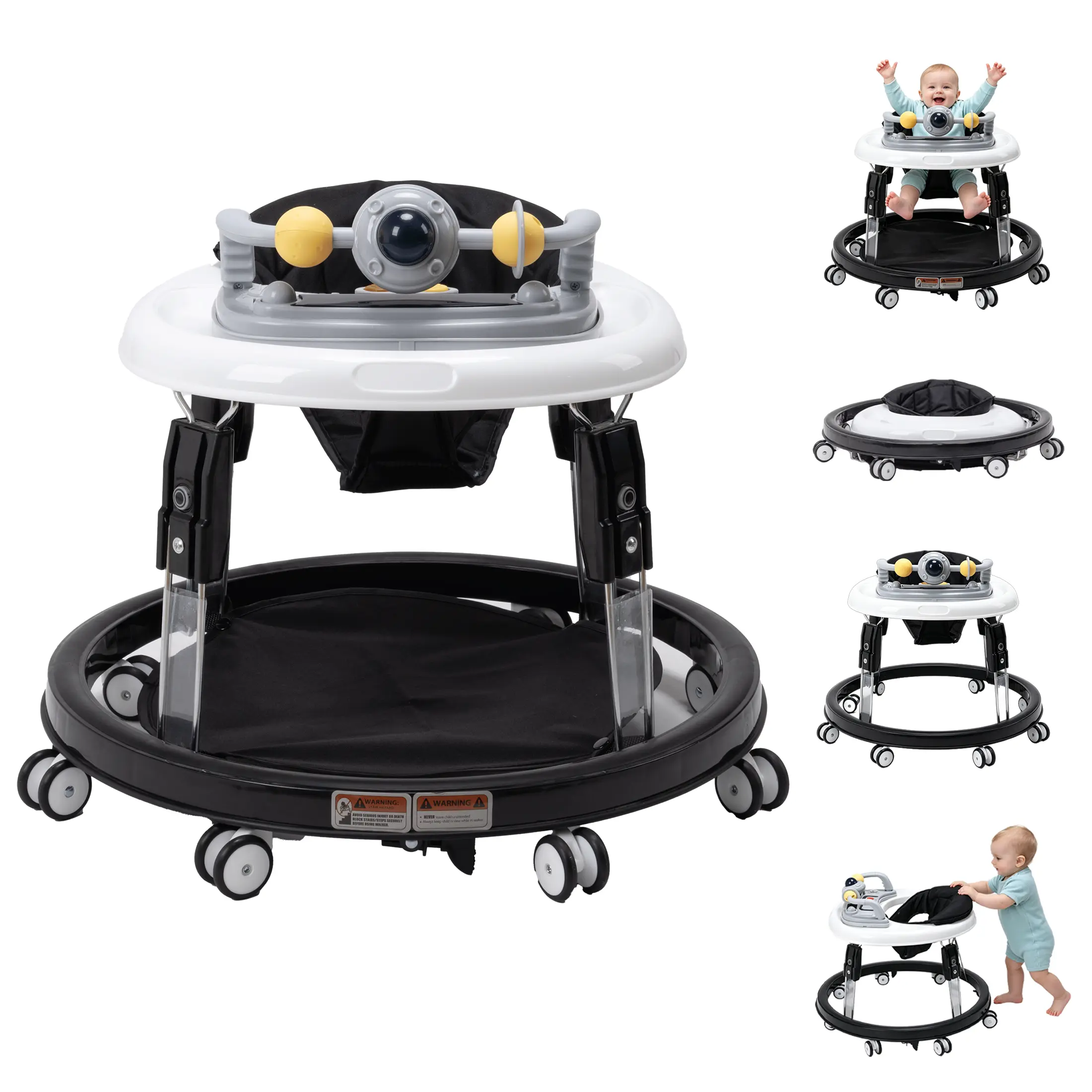 4-in-1 Foldable Baby Walker for 6-18 Months, Cushioned Infant Walker with 7 Adjustable Heights, Activity Center with Music, Lights, and BPA-Safe Plate for Travel
