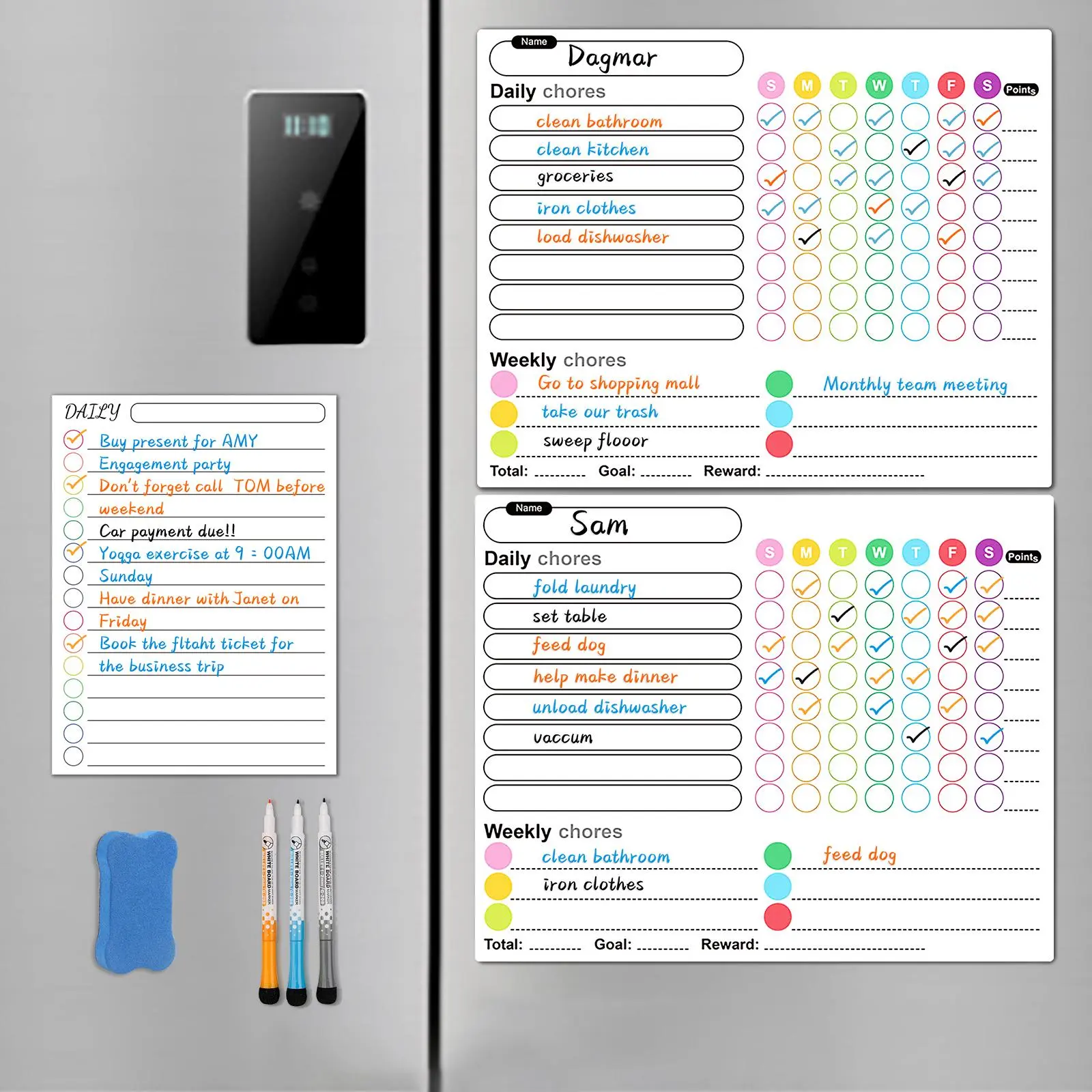 Magnetic Dry Erase Chore Chart & Calendar Bundle Set, Calendars Planners, Weekly Planner, Monthly Planner Magnet, Including 2 Chore Chart & 1 Daily List & 3 Fine Tips Markers & 1 Eraser, Office Stationery & Supplies