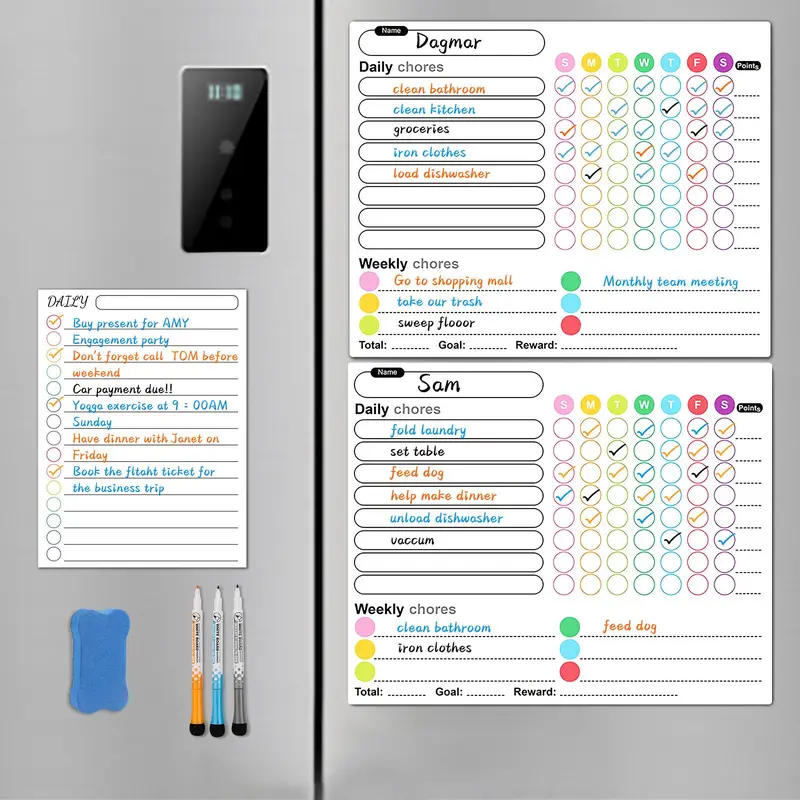 Magnetic Dry Erase Chore Chart & Calendar Bundle Set, Weekly Planner, Monthly Planner Magnet, Monthly Weekly Organizer, Including 2 Chore Chart & 1 Daily List & 3 Fine Tips Markers & 1 Eraser, Office Stationery & Supplies