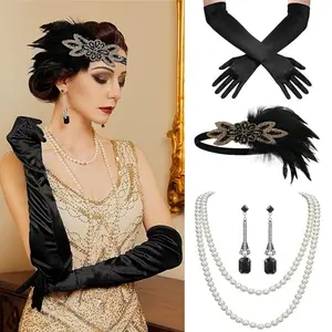 4 pcs Women 1920s Flapper Accessories Set diamond studded feather headbands Pearl sweater chain Gloves and Earrings Fashion Accessories