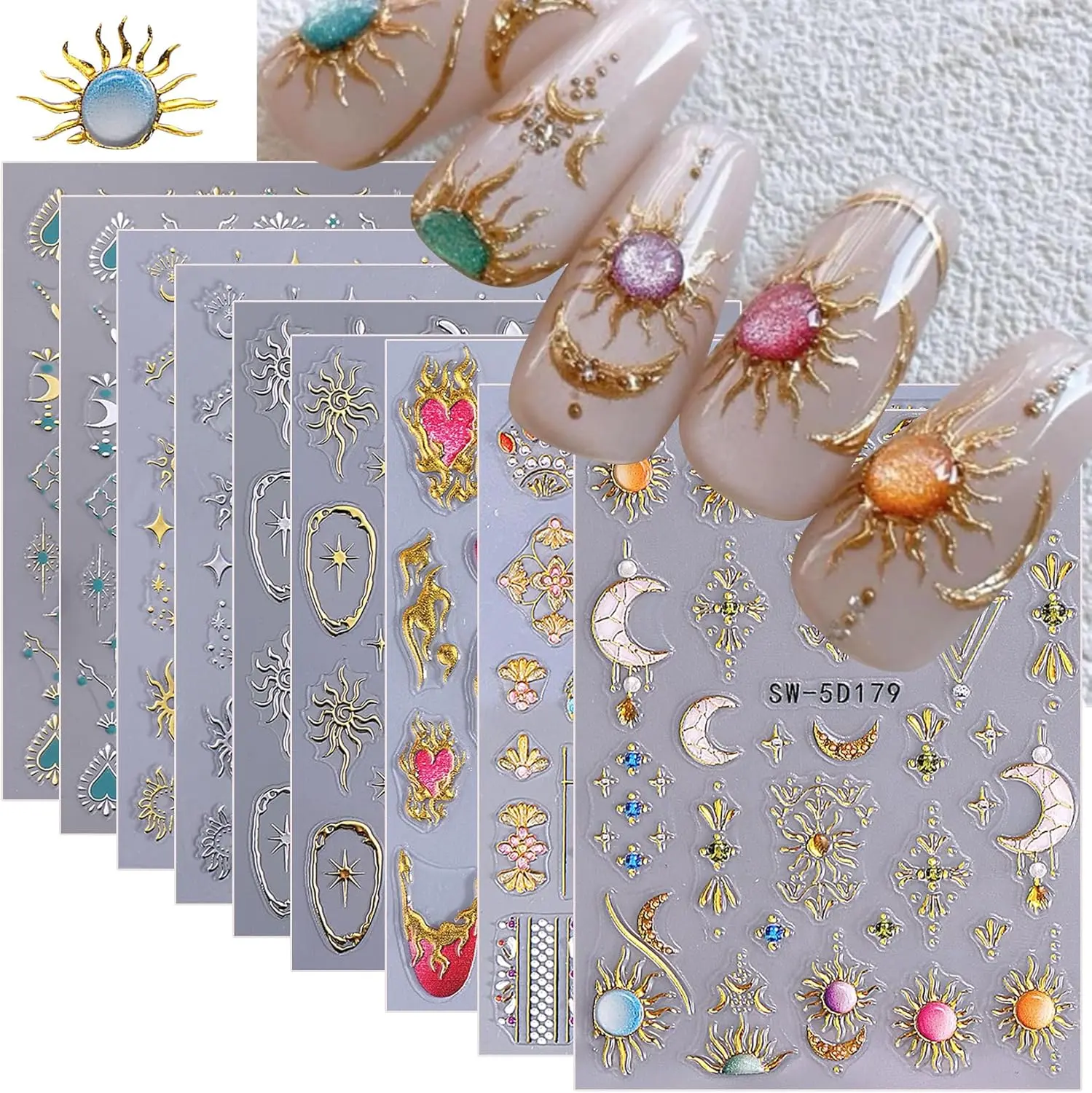 9 Sheets Boho Nail Stickers  | 5D/3D Embossed Sun Moon Star Decals | Self-Adhesive Nail Art for Women