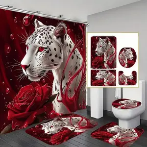 1/4pcs rose and leopard print shower curtain set, non-slip floor mat, U-shaped carpet, toilet cover, perfect for bathroom decoration, Bathroom Decoration Accessories, partition, beautify the space, free 12 shower curtain hooks