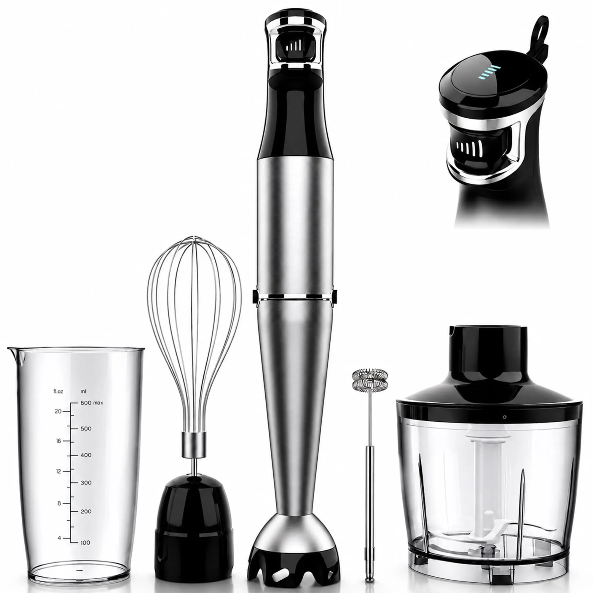 Bitrel Immersion Blender, 1100W 5-in-1 Multi-Speed Hand Blender with 21oz Beaker, Chopper, Whisk & Milk Frother, Ideal for Soup, Baby Food, Sauces, Smoothies & Purees